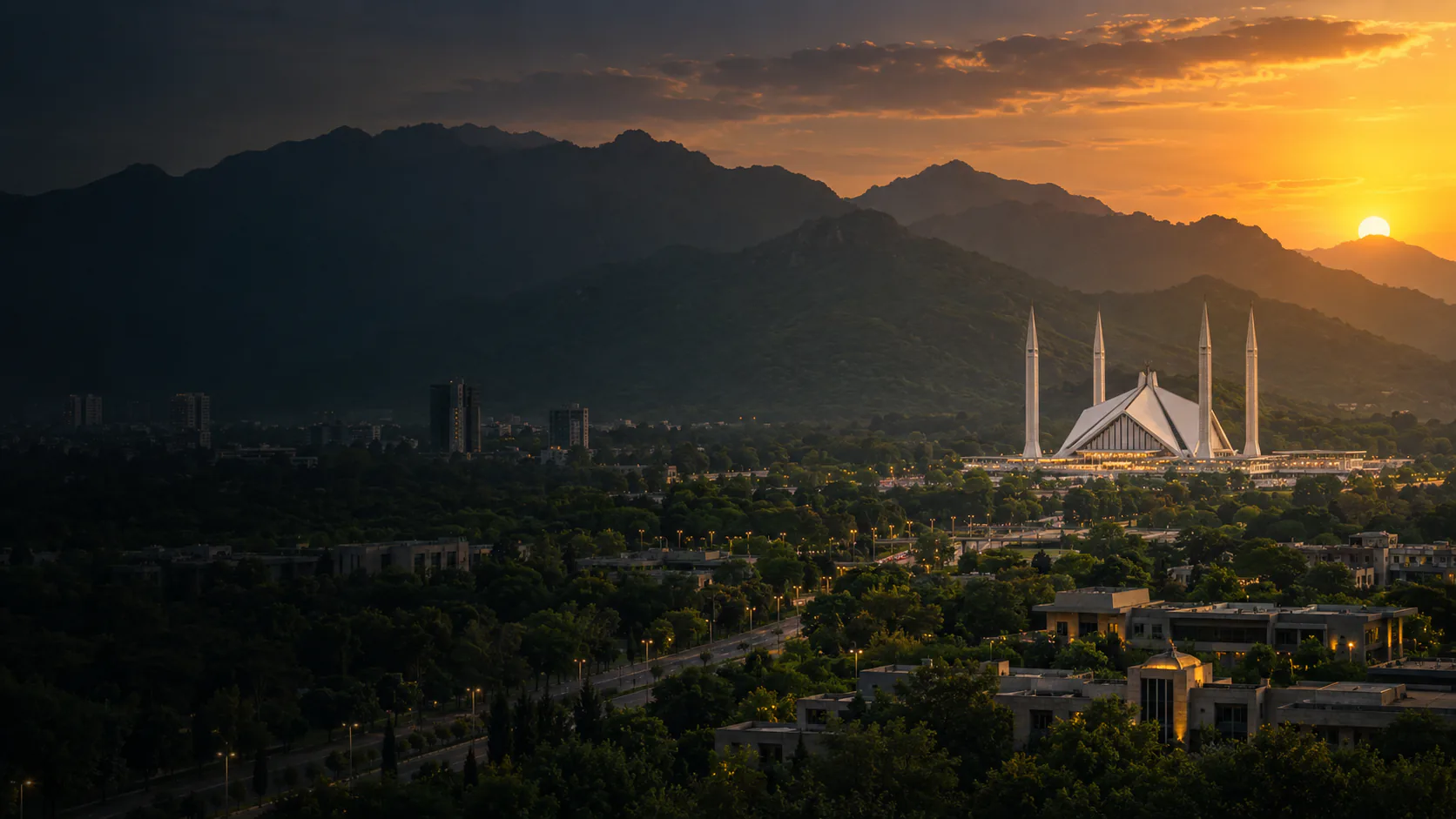 Islamabad skyline with Faisal Mosque and the Margalla Hills